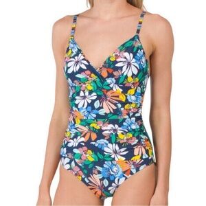 Ellen Tracy Size 14 Blue Floral Fast Fresh Surplice 1-Piece Swimsuit NWT